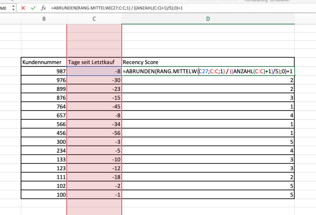 RFM Recency-Score in Excel mit dieser Formel berechnen.