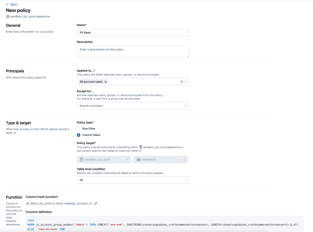 Screenshot von Databricks Lakeflow Connect Attribute-Based-Access-Control