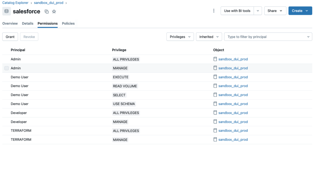 Screenshot von Databricks Lakeflow Connect Role-Based-Access-Control